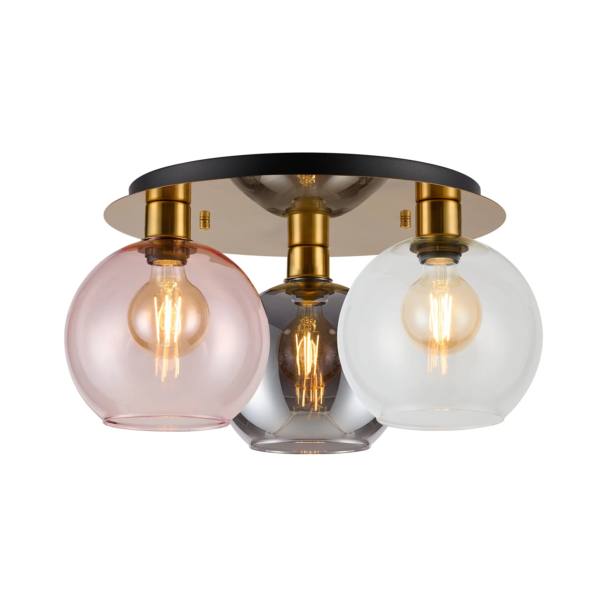 DK1252  Lori 40cm Round Ceiling Flush, 3 Light Flush Fitting, Antique Gold/Clear/Pink/Smoke Open Mouth Round Globe Shades
